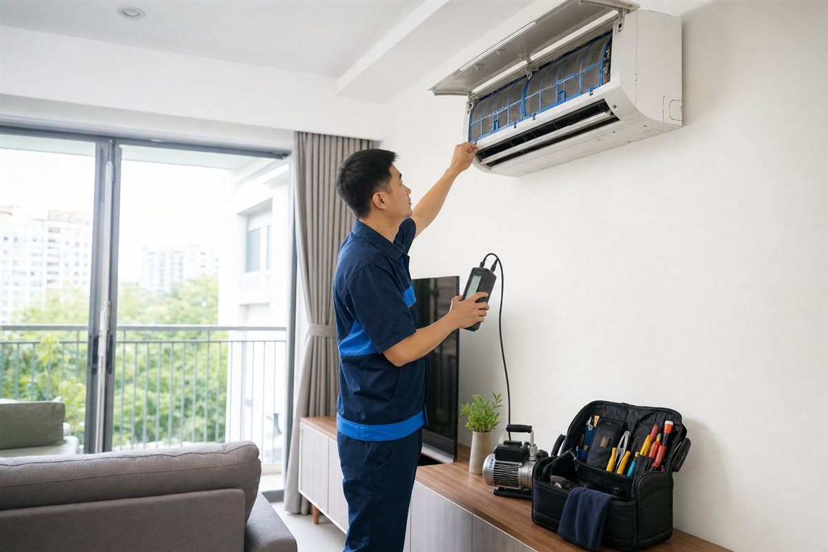 Technician carrying out a final aircon system check