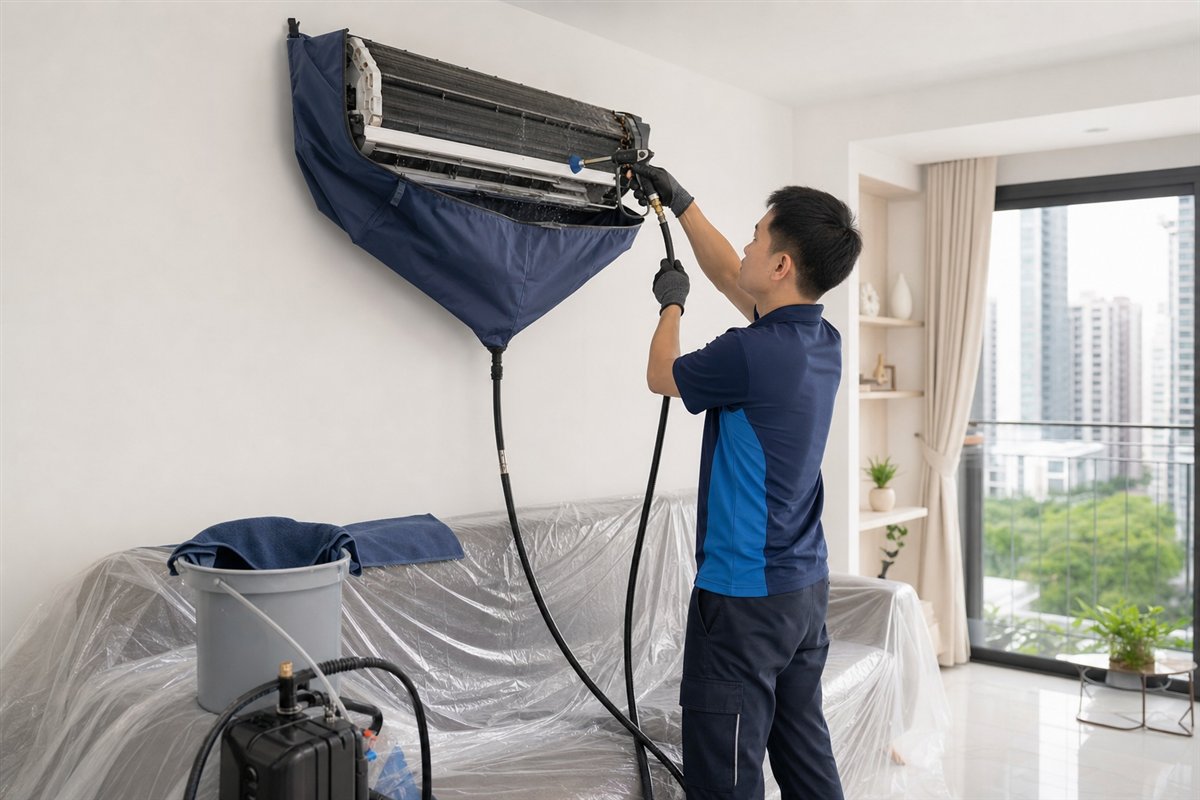 Technician performing an aircon chemical wash