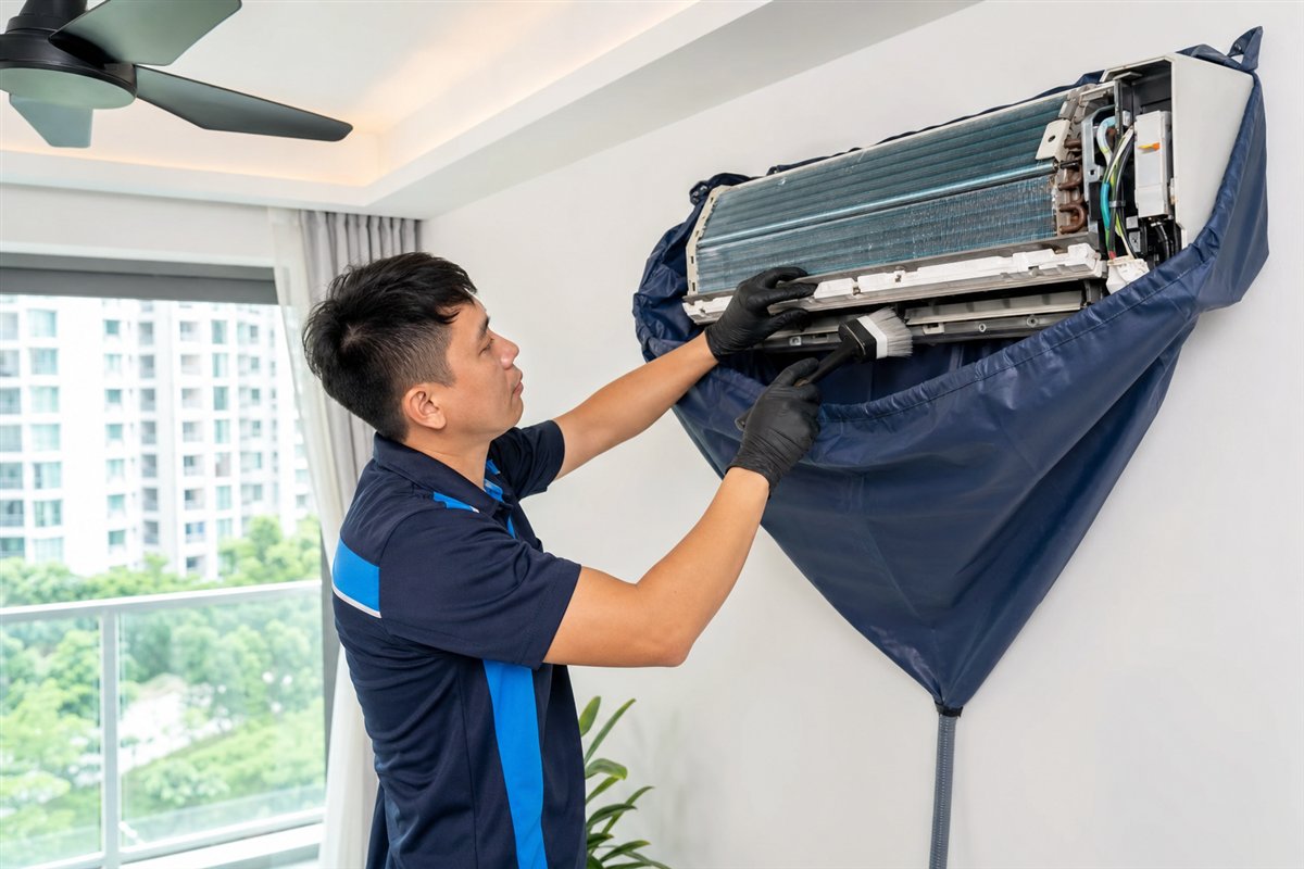 Technician cleaning an aircon evaporator coil