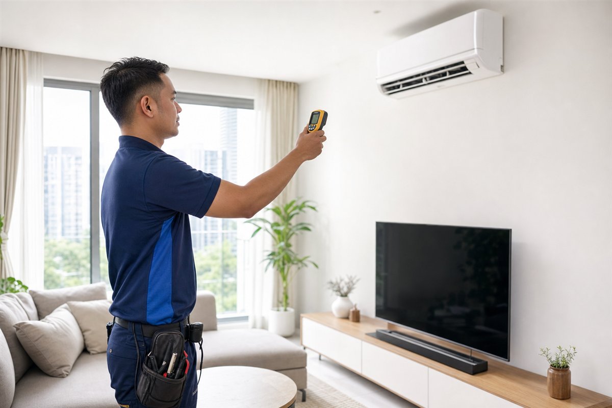 Technician checking improved aircon cooling performance