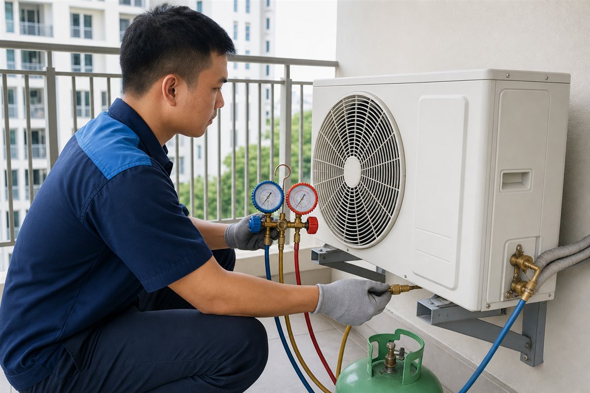 Technician topping up aircon refrigerant gas