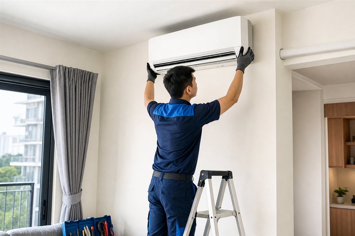 Technician setting up an indoor aircon unit