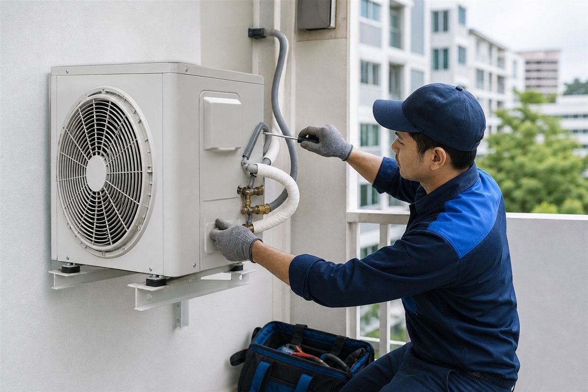 Technician setting up an outdoor aircon unit