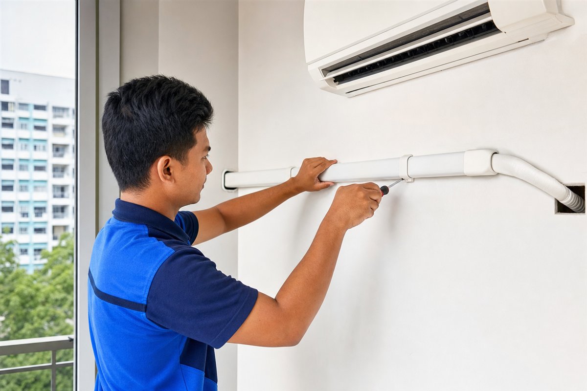 Technician installing aircon piping support