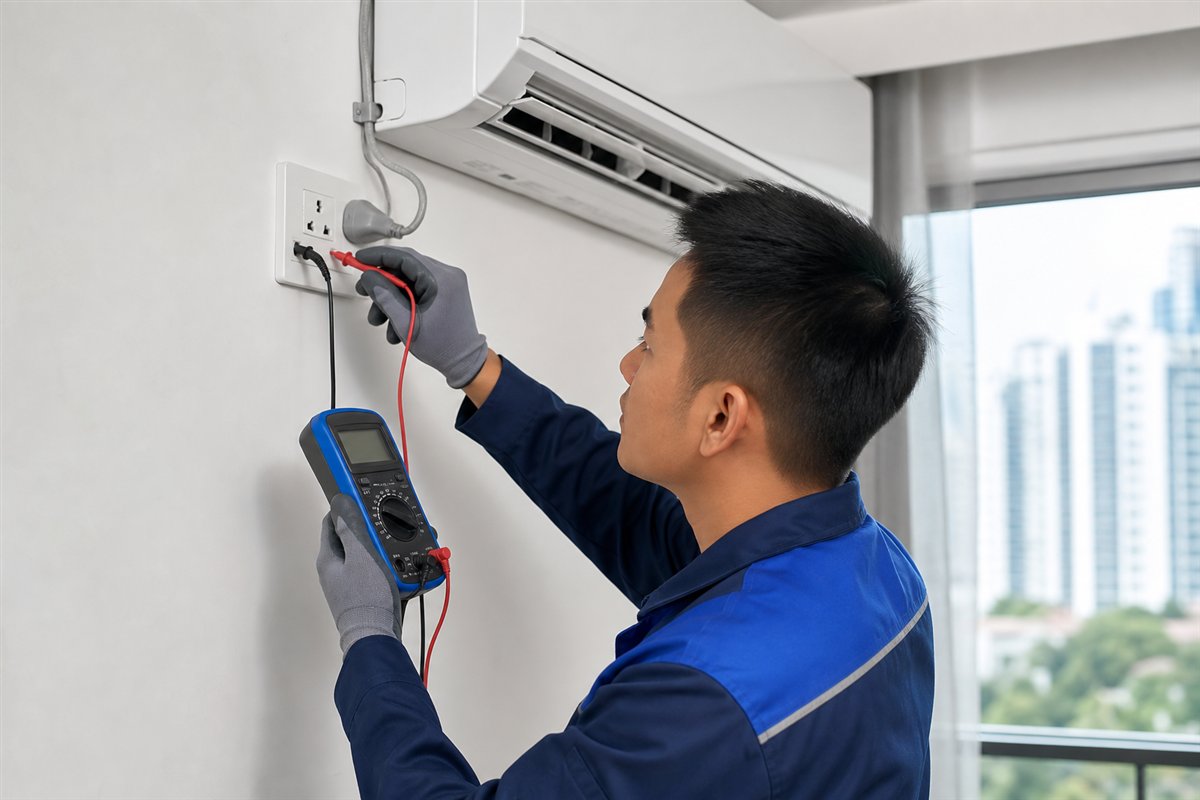 Technician checking an aircon power point