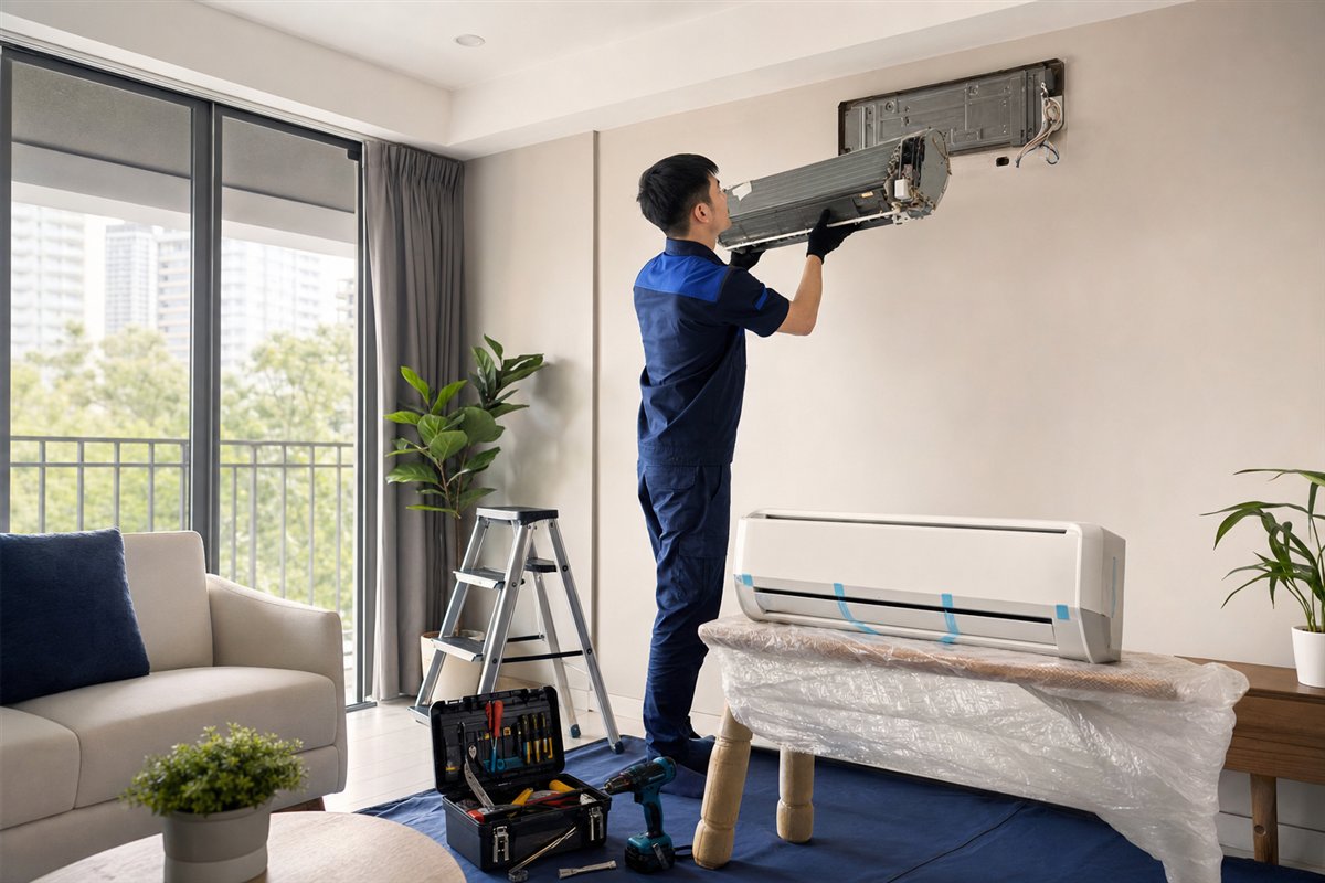 Technician replacing an indoor aircon unit
