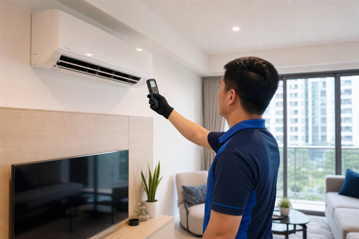 Technician testing a newly installed aircon system