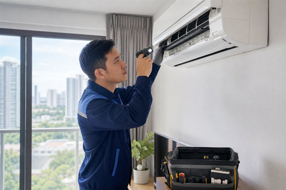 Technician inspecting an indoor aircon unit