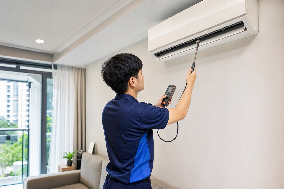 Technician checking aircon performance