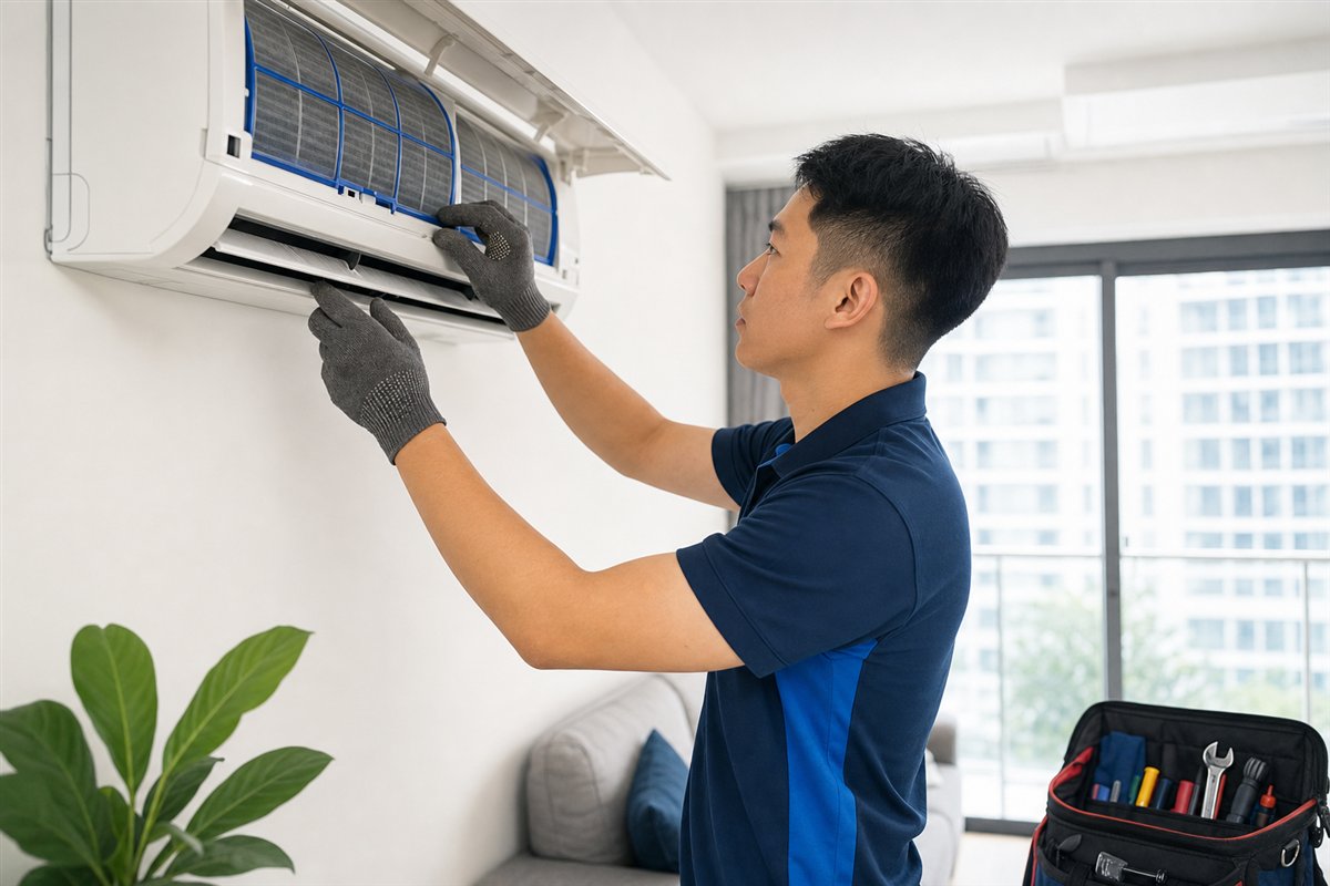 Technician performing preventive aircon support