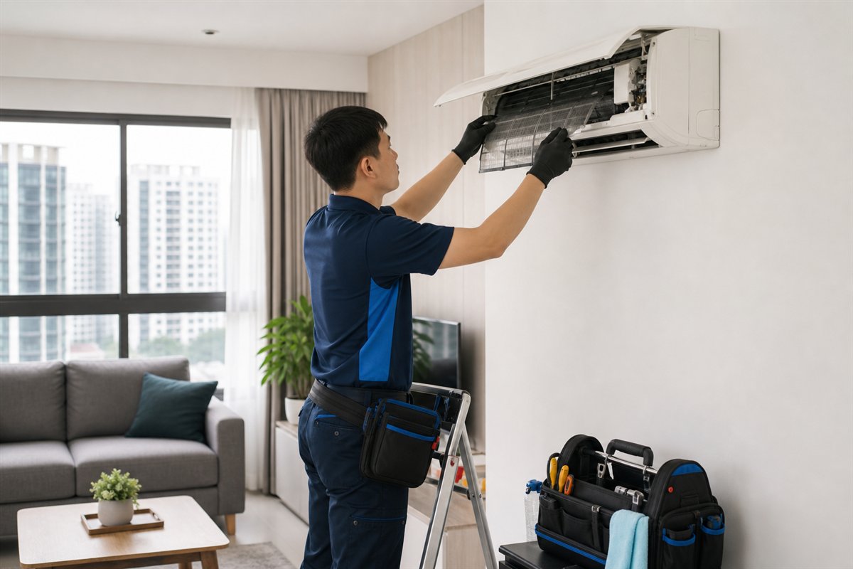 Technician carrying out regular aircon maintenance