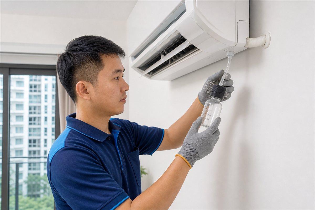 Technician checking an aircon condensate drain pipe