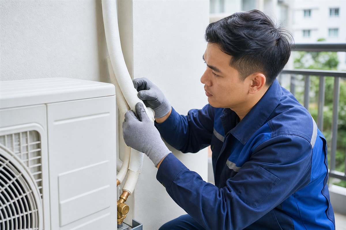 Technician checking insulation on aircon pipes