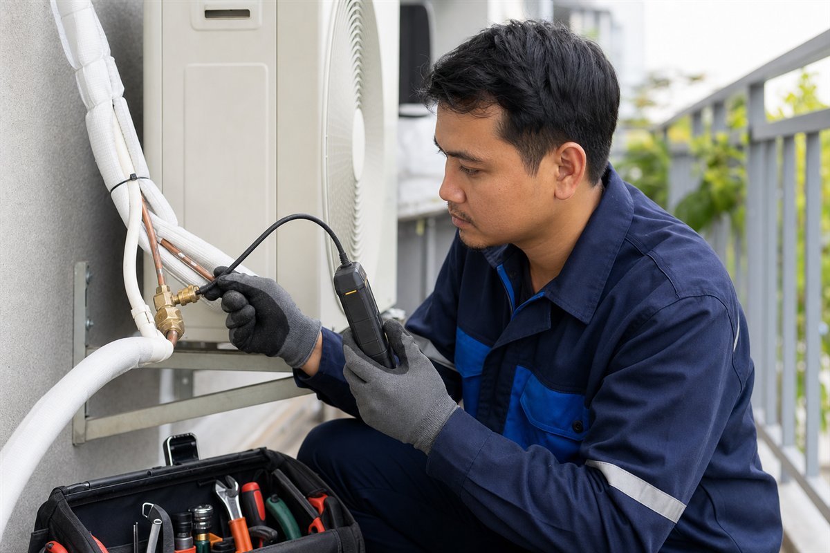 Technician checking aircon piping for leaks