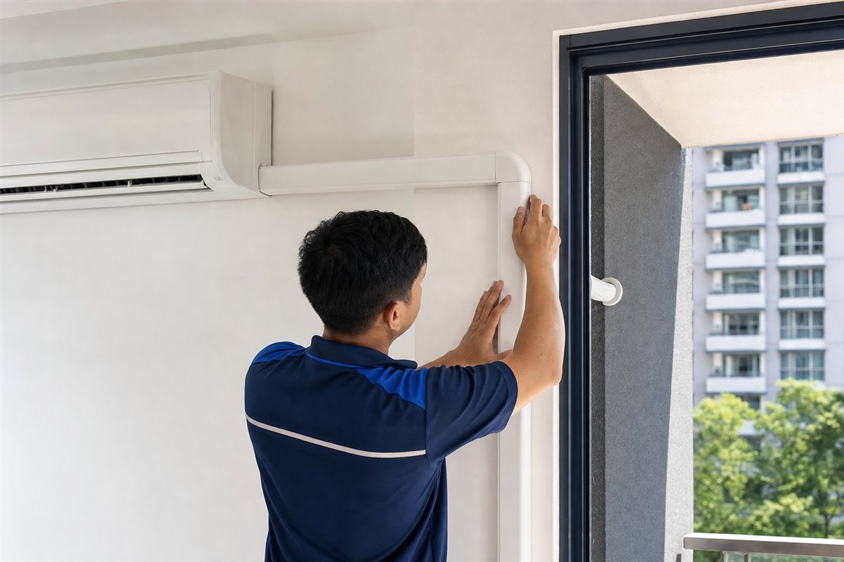 Technician correcting an aircon trunking route