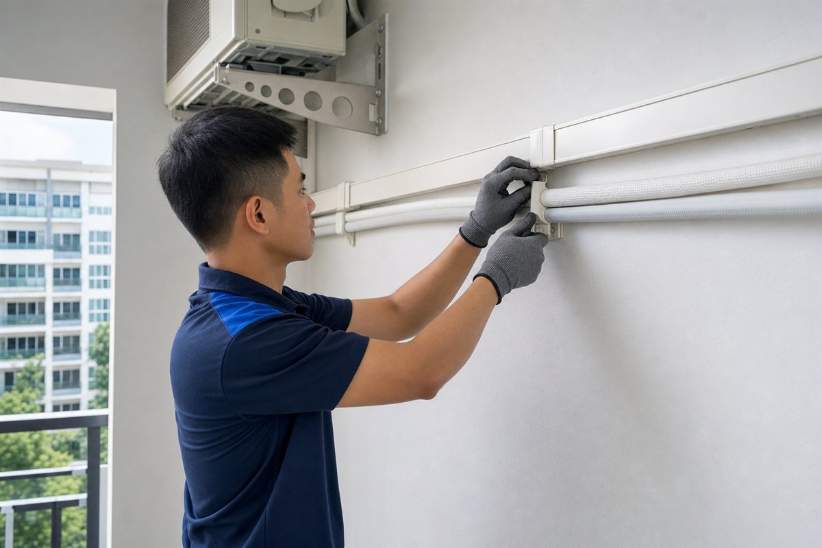 Technician installing support for aircon piping
