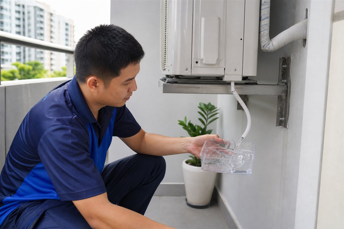 Technician testing aircon water discharge