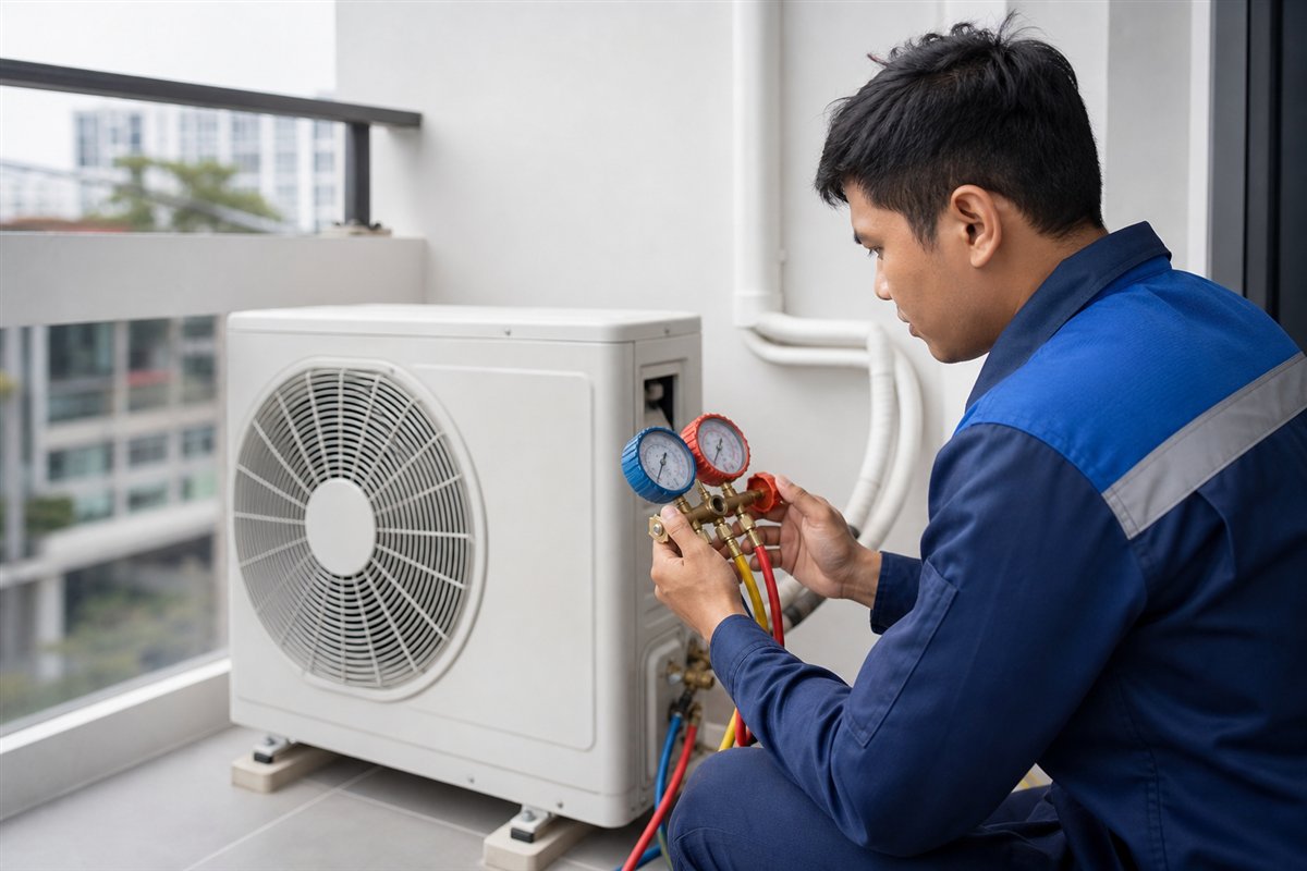 Technician checking aircon refrigerant pressure
