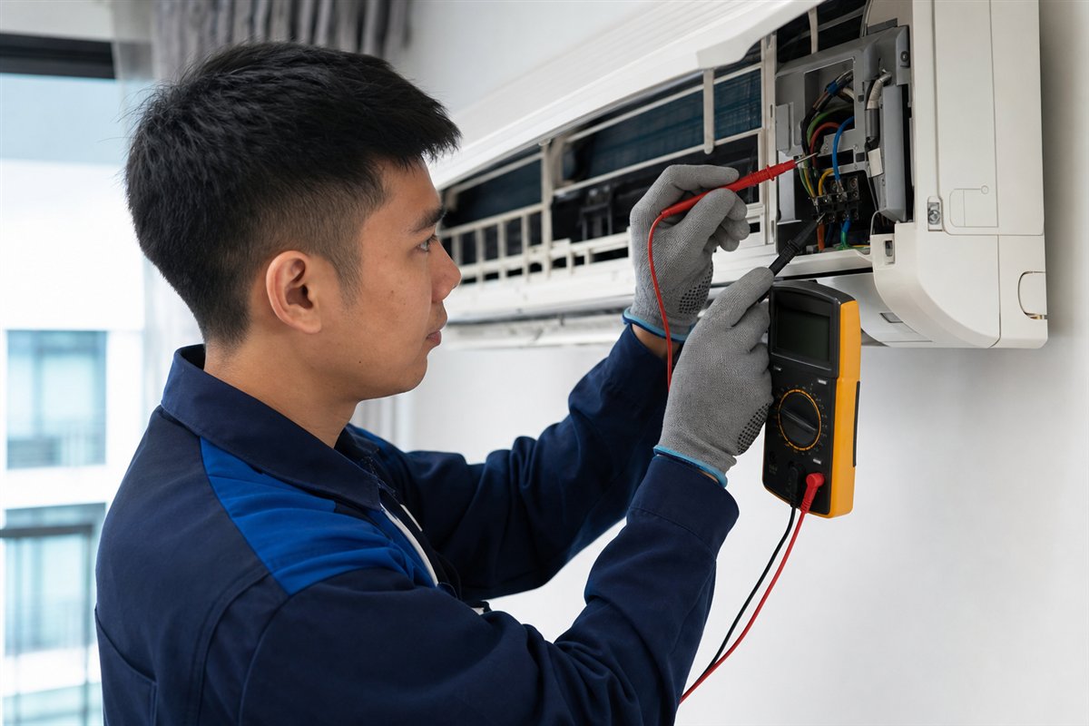 Technician checking an aircon electrical connection