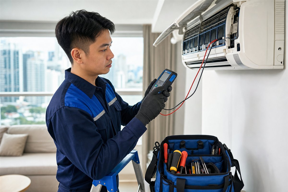 Technician carrying out aircon fault diagnosis