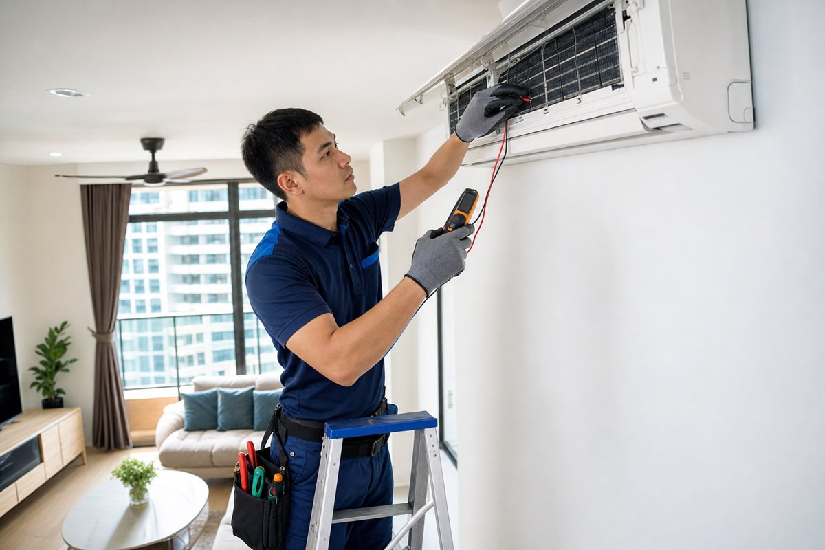 Technician diagnosing an aircon that is not cooling