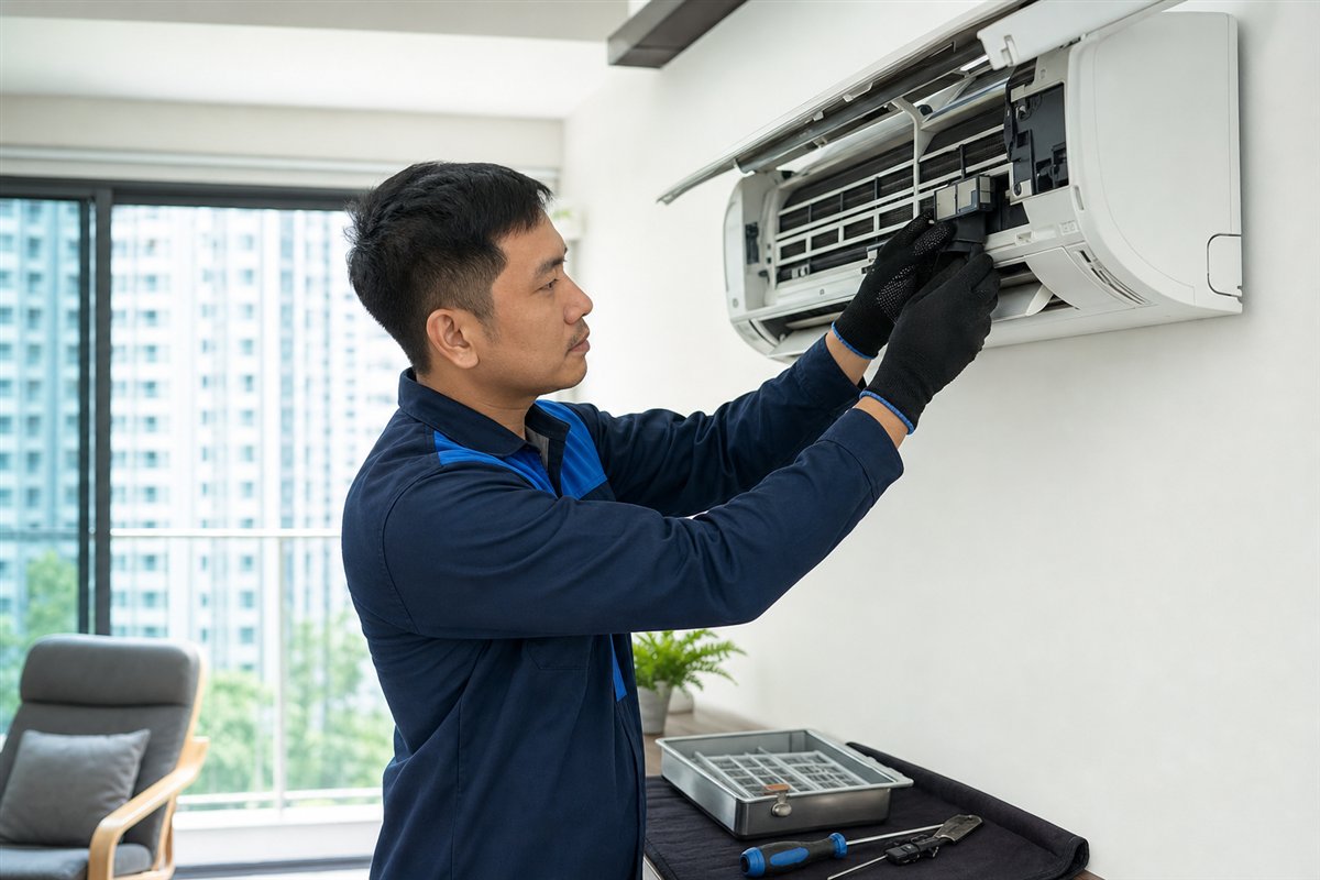Technician repairing an indoor aircon unit