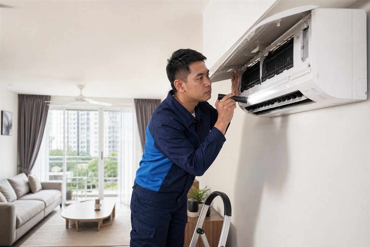 Technician troubleshooting unusual aircon noise