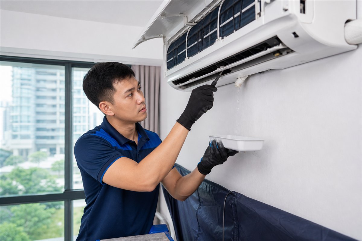 Technician inspecting an aircon water leak