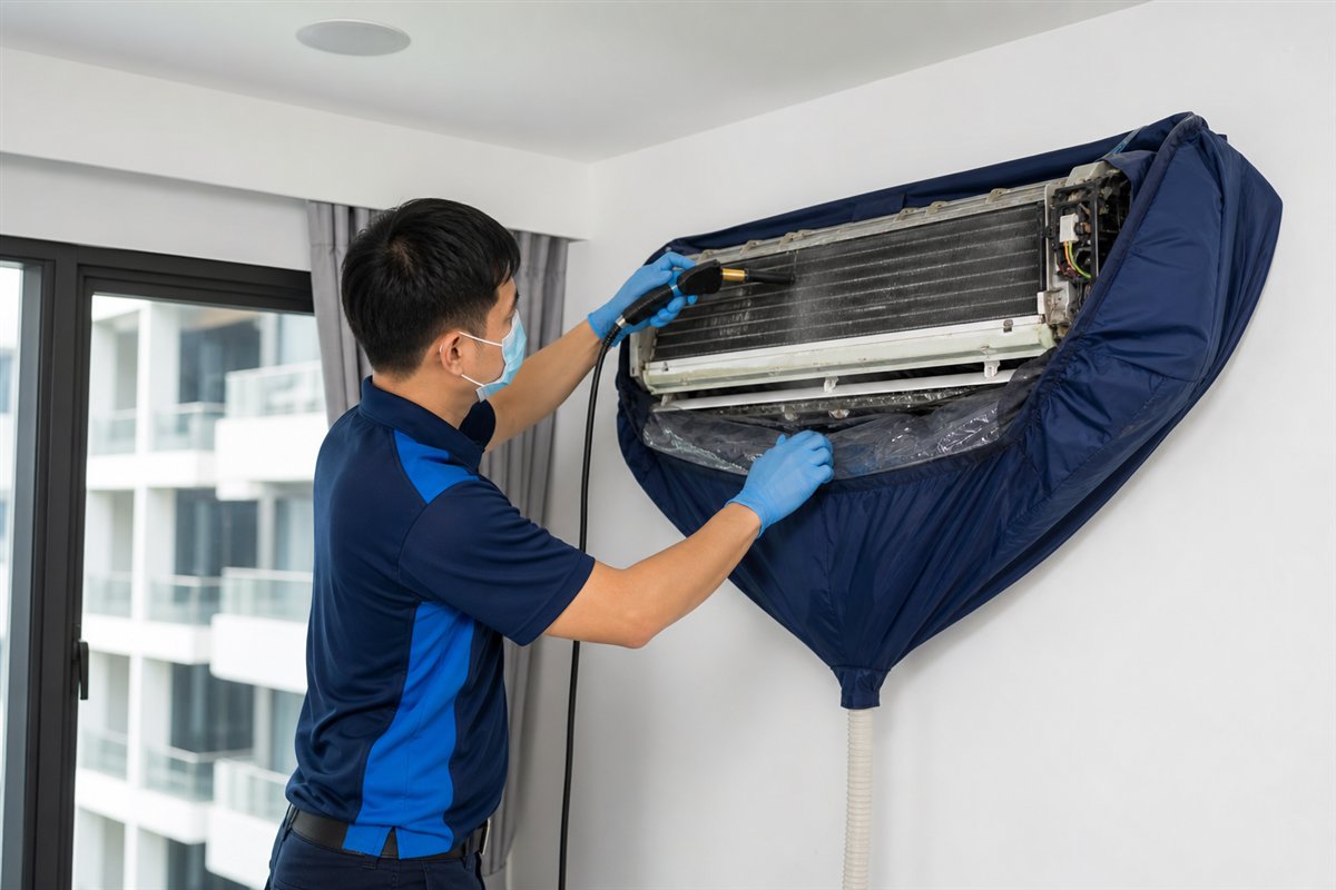 Technician cleaning an aircon fan coil