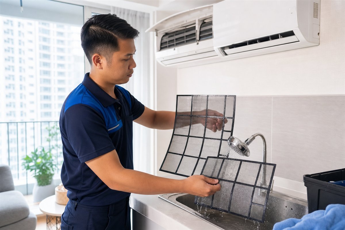 Technician cleaning aircon filters