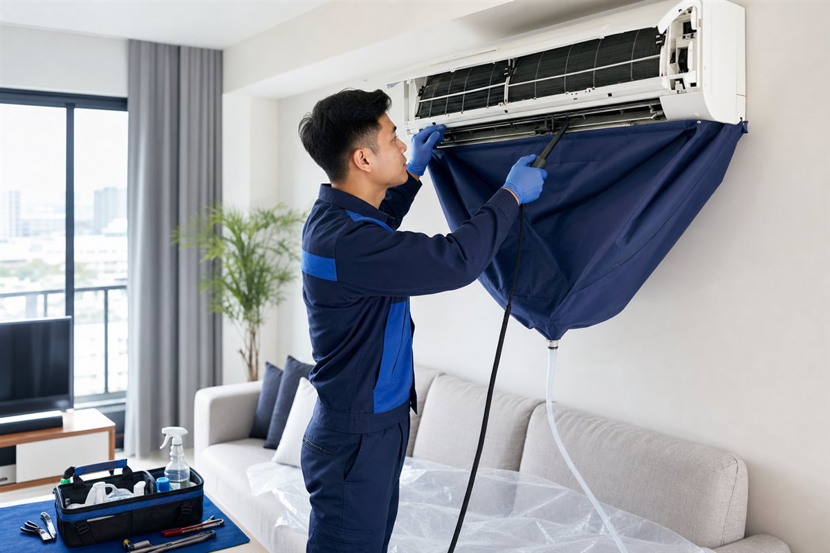 Technician carrying out general aircon servicing