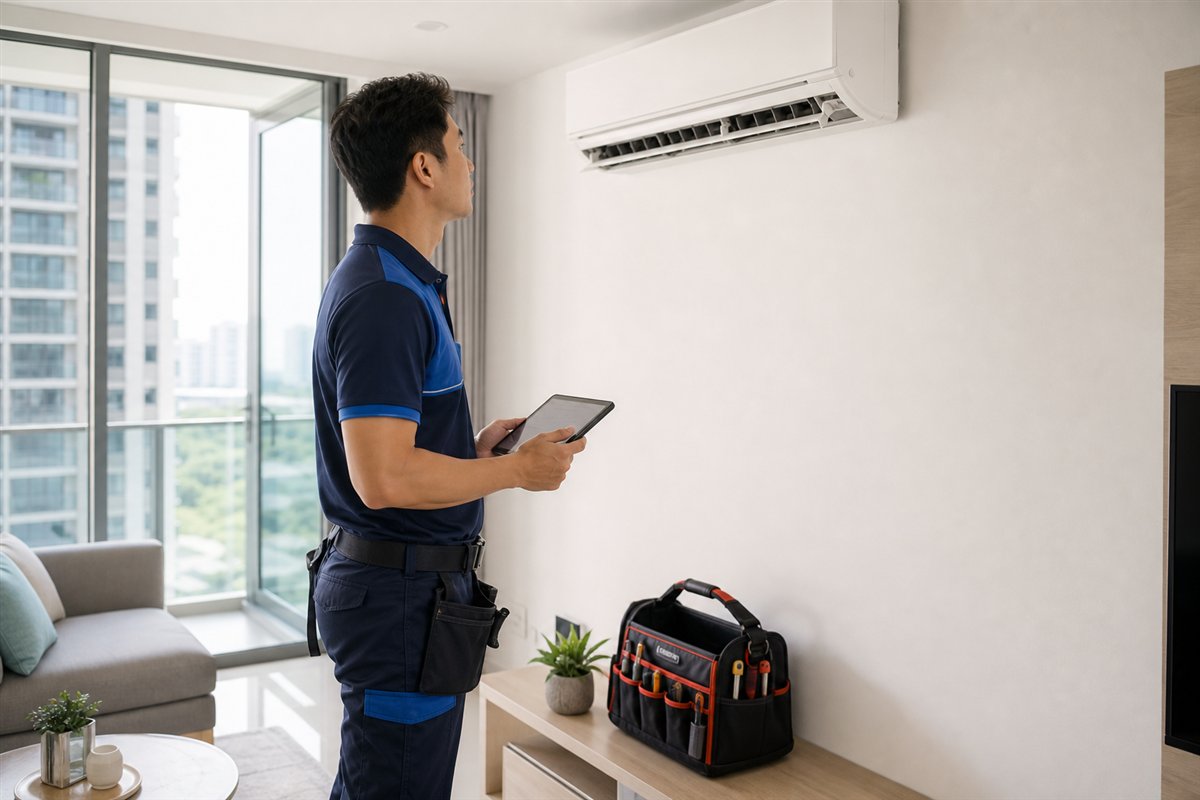 Technician providing preventive aircon maintenance support