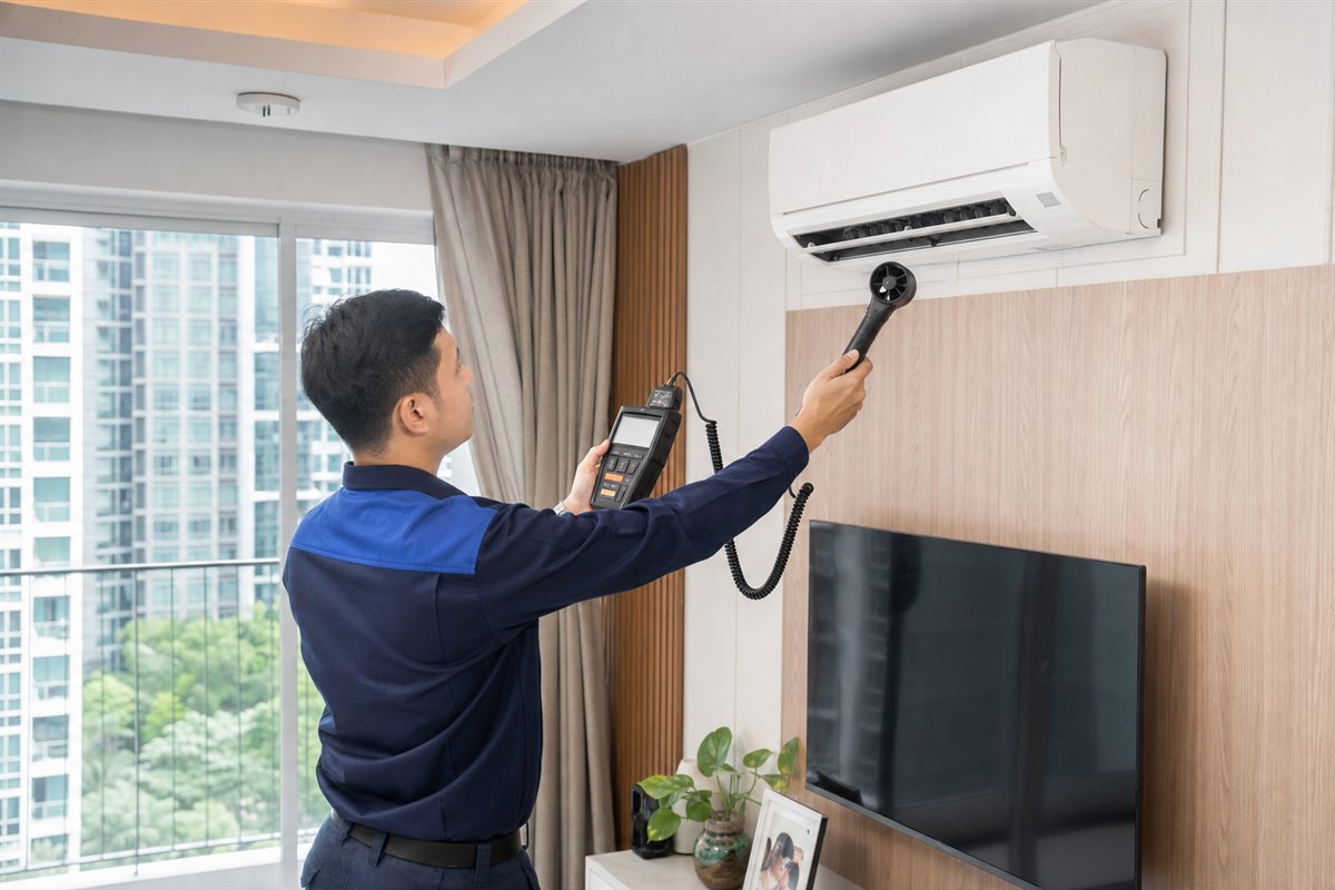 Technician checking aircon performance and airflow