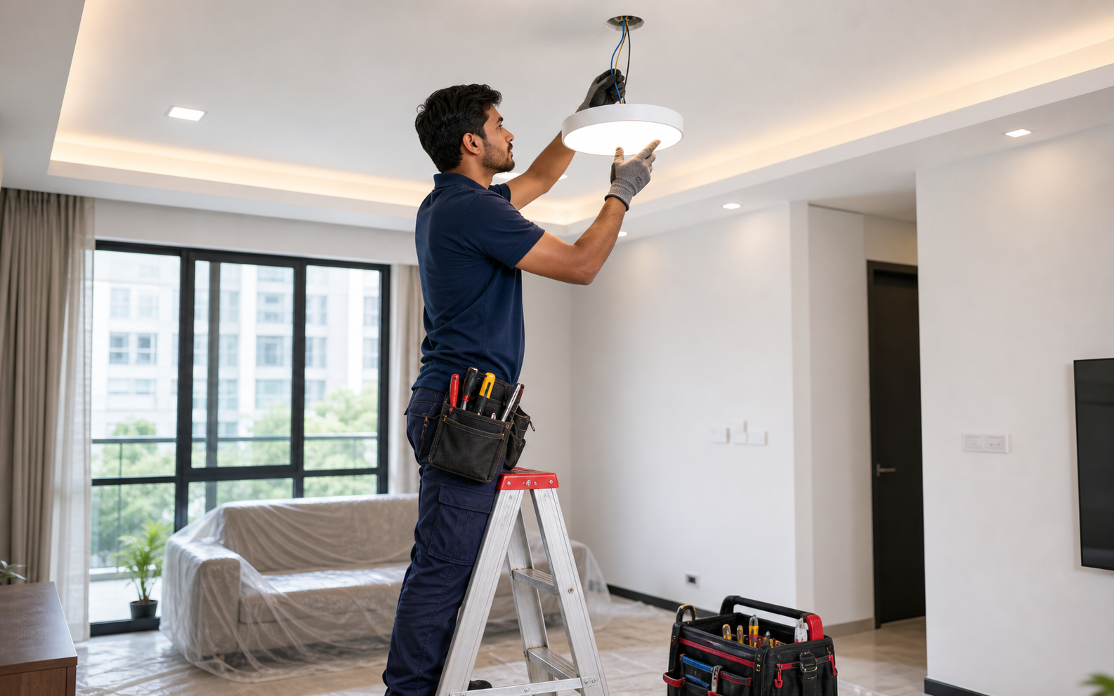 Ceiling light installation by Bangladeshi electrician