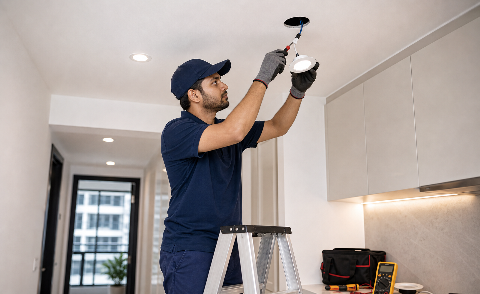 Downlight installation with safe ladder setup