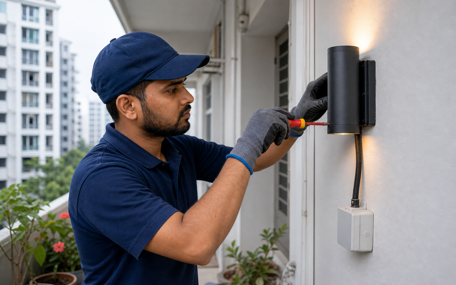 Outdoor lighting installation with weather-safe fitting