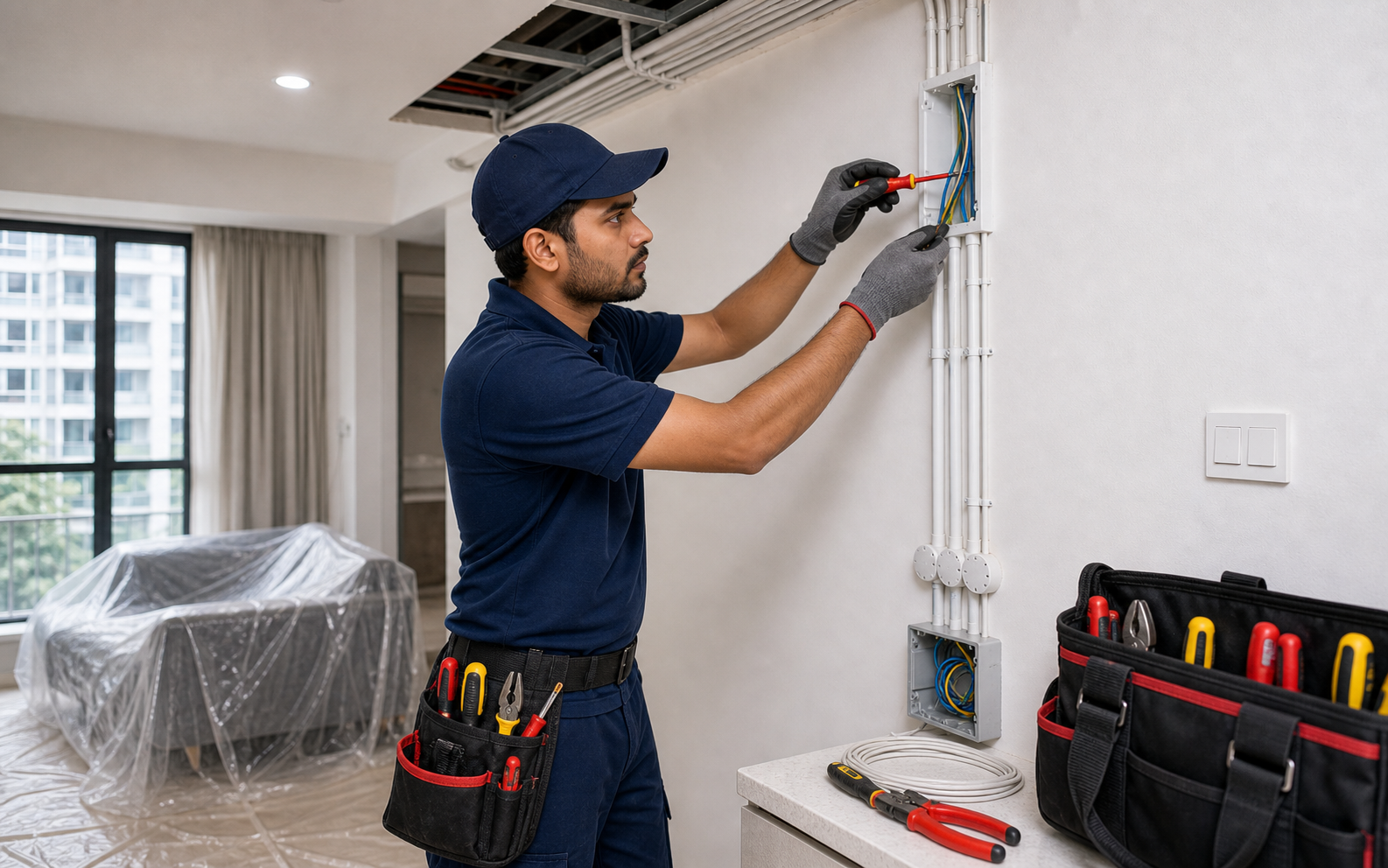 New wiring installation with safe cable routing