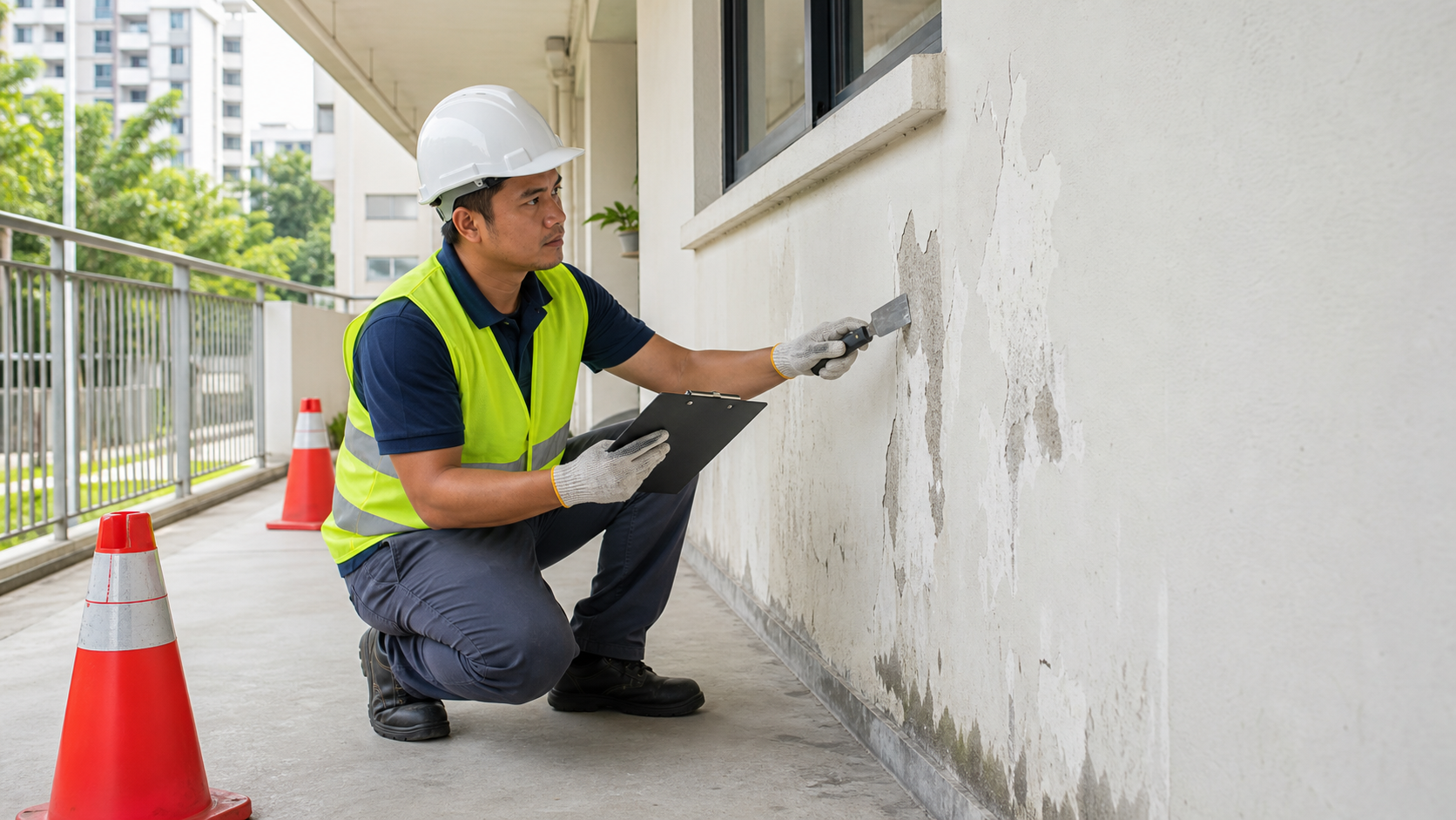 Exterior wall inspection and surface preparation