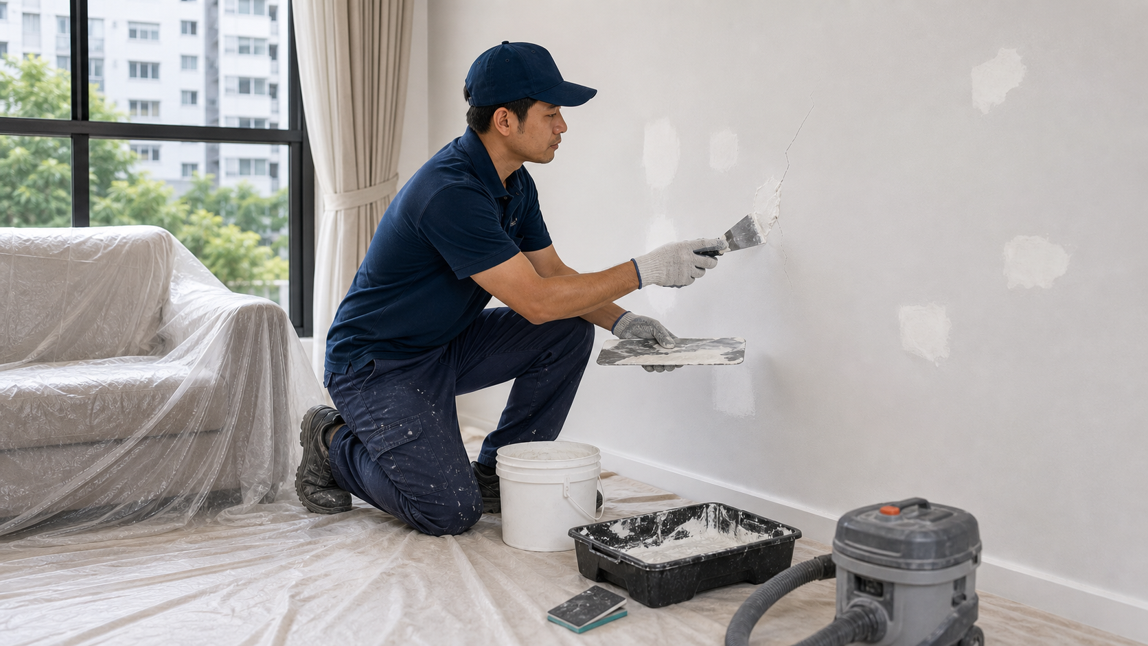 Residential wall repair putty and sanding preparation